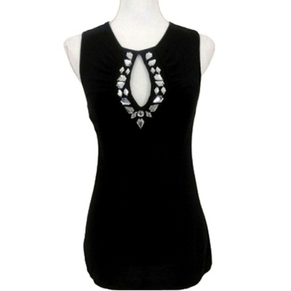MODA INTERNATIONAL Elegant Black Sleeveless Top Rhinestone Embellished Keyhole - Picture 2 of 8